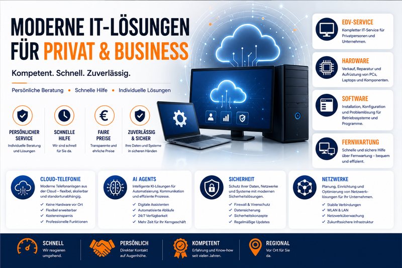 Übersicht der Leistungen: EDV-Service, Hardware, Software, Fernwartung, Cloud-Telefonie, KI-Agenten, Sicherheit und Netzwerke